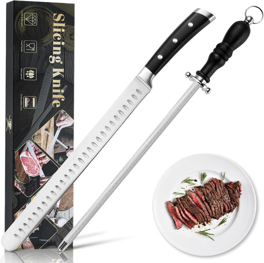 Brisket Slicer Kit, 12" Razor Sharp Meat Carving Knife & 12" Honing Rod for Kitchen Knives, Full Tang Slicing Knife Set with Gift Box