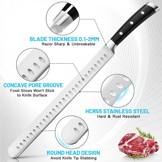 Brisket Slicer Kit, 12" Razor Sharp Meat Carving Knife & 12" Honing Rod for Kitchen Knives, Full Tang Slicing Knife Set with Gift Box