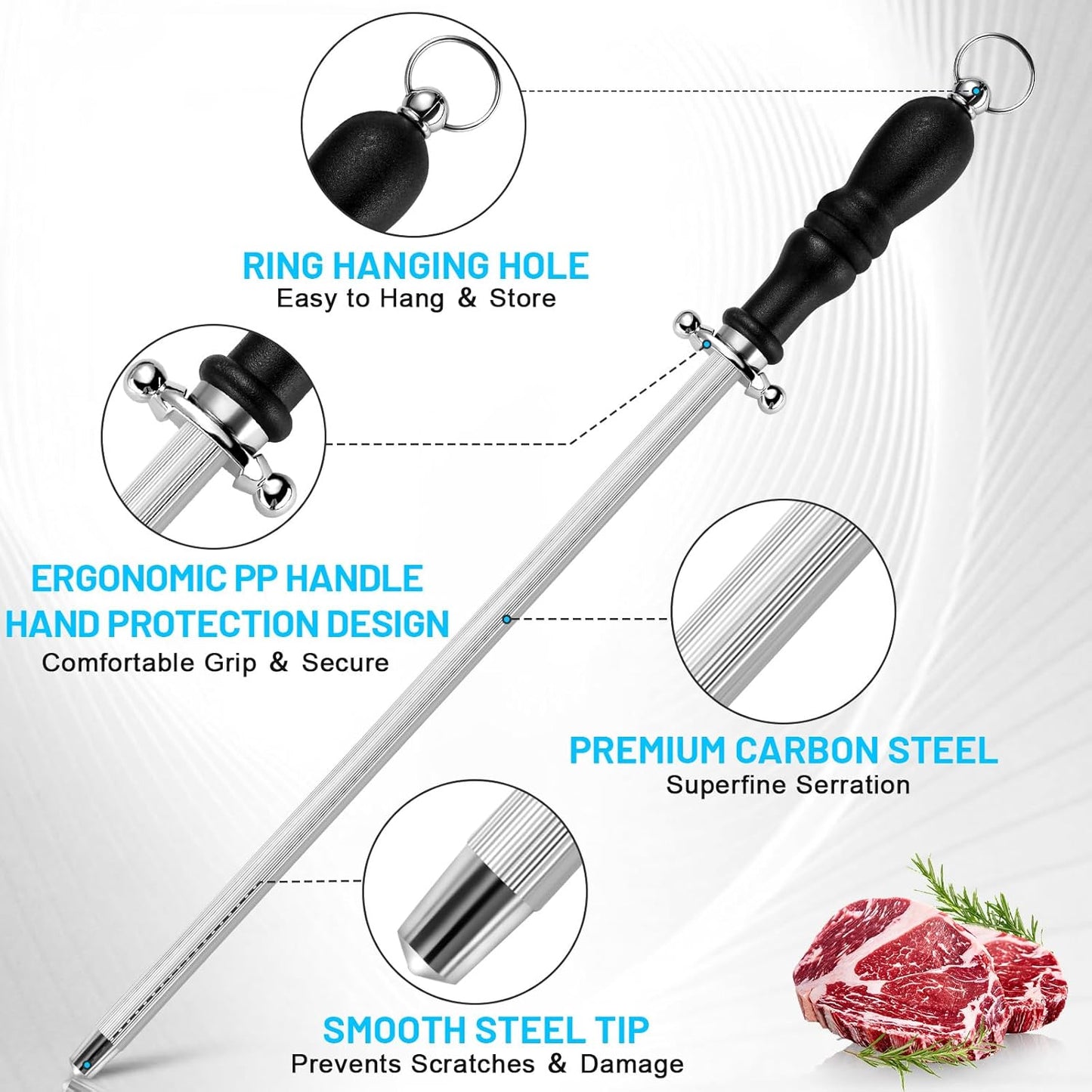 Brisket Slicer Kit, 12" Razor Sharp Meat Carving Knife & 12" Honing Rod for Kitchen Knives, Full Tang Slicing Knife Set with Gift Box