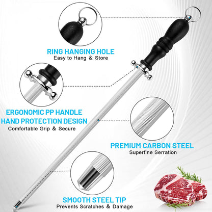 Brisket Slicer Kit, 12" Razor Sharp Meat Carving Knife & 12" Honing Rod for Kitchen Knives, Full Tang Slicing Knife Set with Gift Box