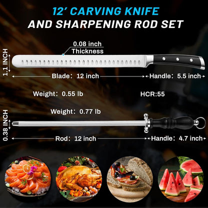 Brisket Slicer Kit, 12" Razor Sharp Meat Carving Knife & 12" Honing Rod for Kitchen Knives, Full Tang Slicing Knife Set with Gift Box