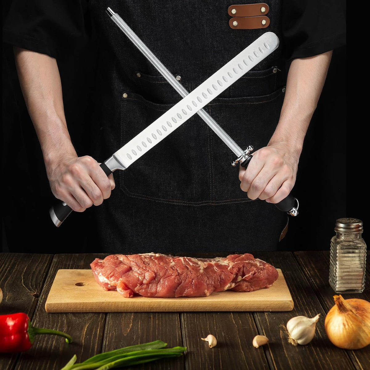 Brisket Slicer Kit, 12" Razor Sharp Meat Carving Knife & 12" Honing Rod for Kitchen Knives, Full Tang Slicing Knife Set with Gift Box