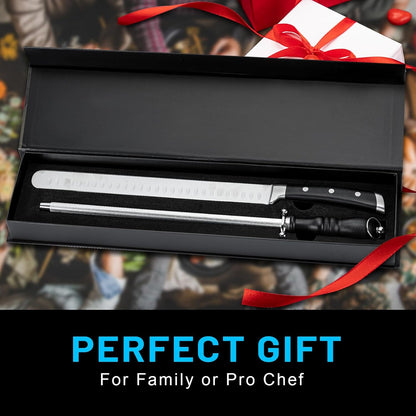 Brisket Slicer Kit, 12" Razor Sharp Meat Carving Knife & 12" Honing Rod for Kitchen Knives, Full Tang Slicing Knife Set with Gift Box