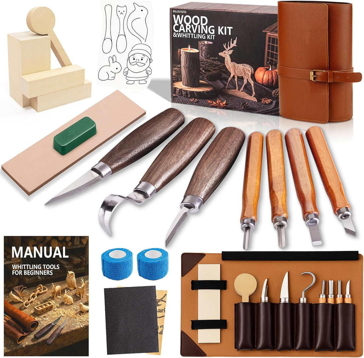 Wood Carving Kit Whittling Kit: Wood Carving Knife Tools with Leather Case