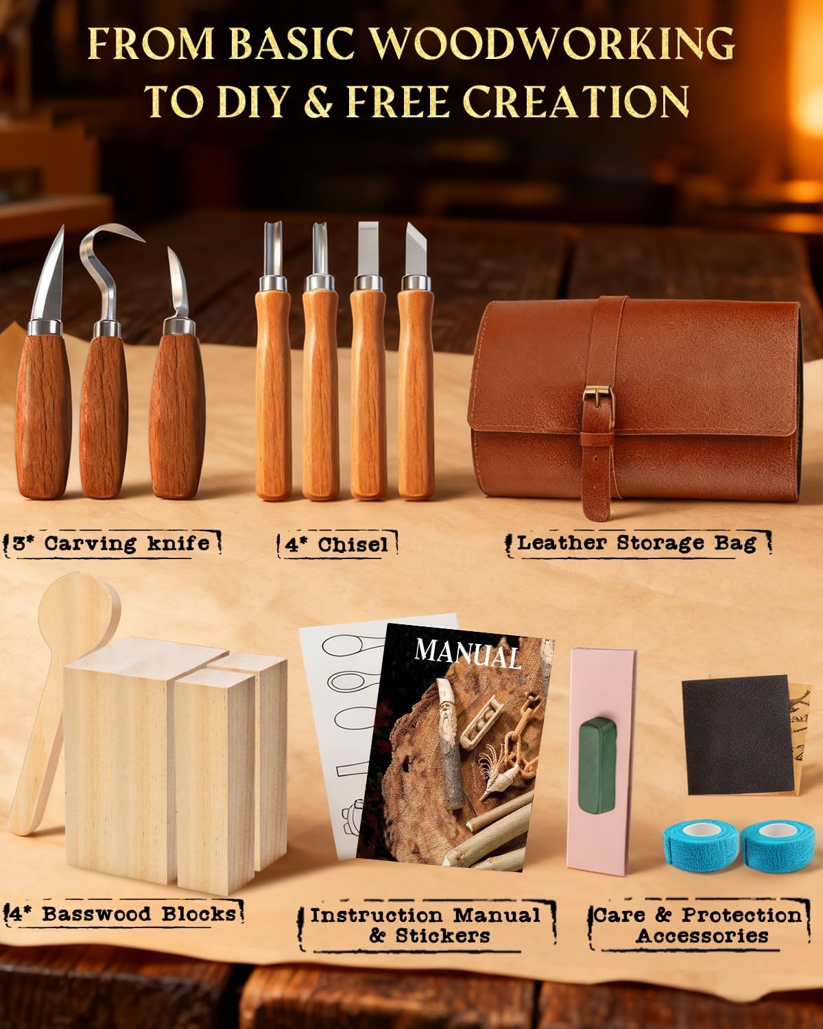 Wood Carving Kit Whittling Kit: Wood Carving Knife Tools with Leather Case