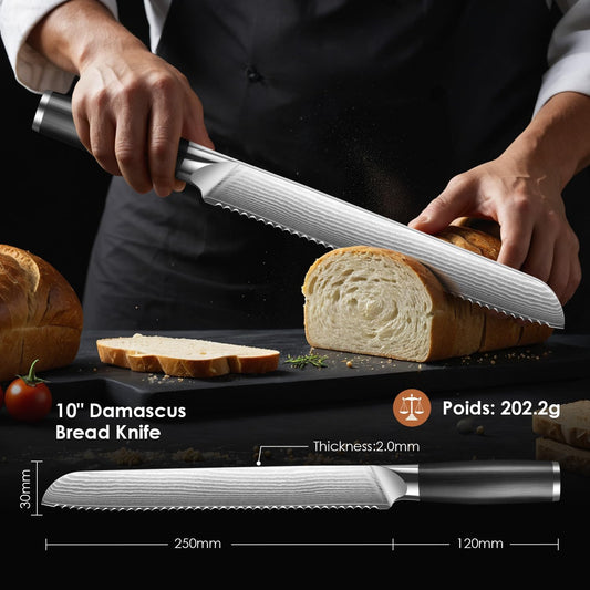 Bread Knife for Homemade Bread, 10 Inch Multifunction Serrated Knife, Razor Sharp Slicer, Forged High Carbon Steel, Full Tang Ergonomic Handle Design for Sourdough Turkey Fruit