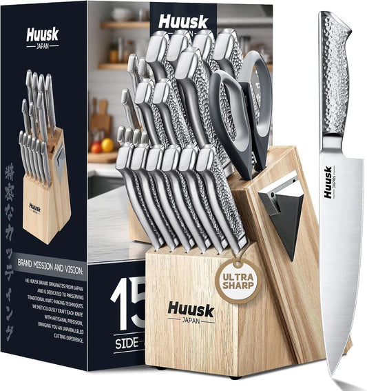 Huusk Kitchen Knife Set with Block & Built-in Sharpener - 15pcs | Japanese Stainless Steel Knife Block Set - Sharp Professional Chef Sets for Kitchen - Homewarming Gift for Men