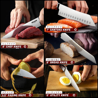 Huusk Kitchen Knife Set with Block & Built-in Sharpener - 15pcs | Japanese Stainless Steel Knife Block Set - Sharp Professional Chef Sets for Kitchen - Homewarming Gift for Men