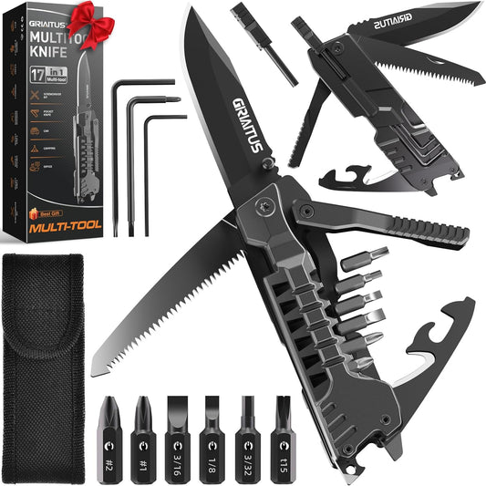 17 in 1 Multitool Knife Fire Starting Stick Bottle Opener Saw for Camping | Screwdrivers Whistle Window Breaker for Hiking, Outdoor, Survival and Everyday Use Gifts for Men Dad