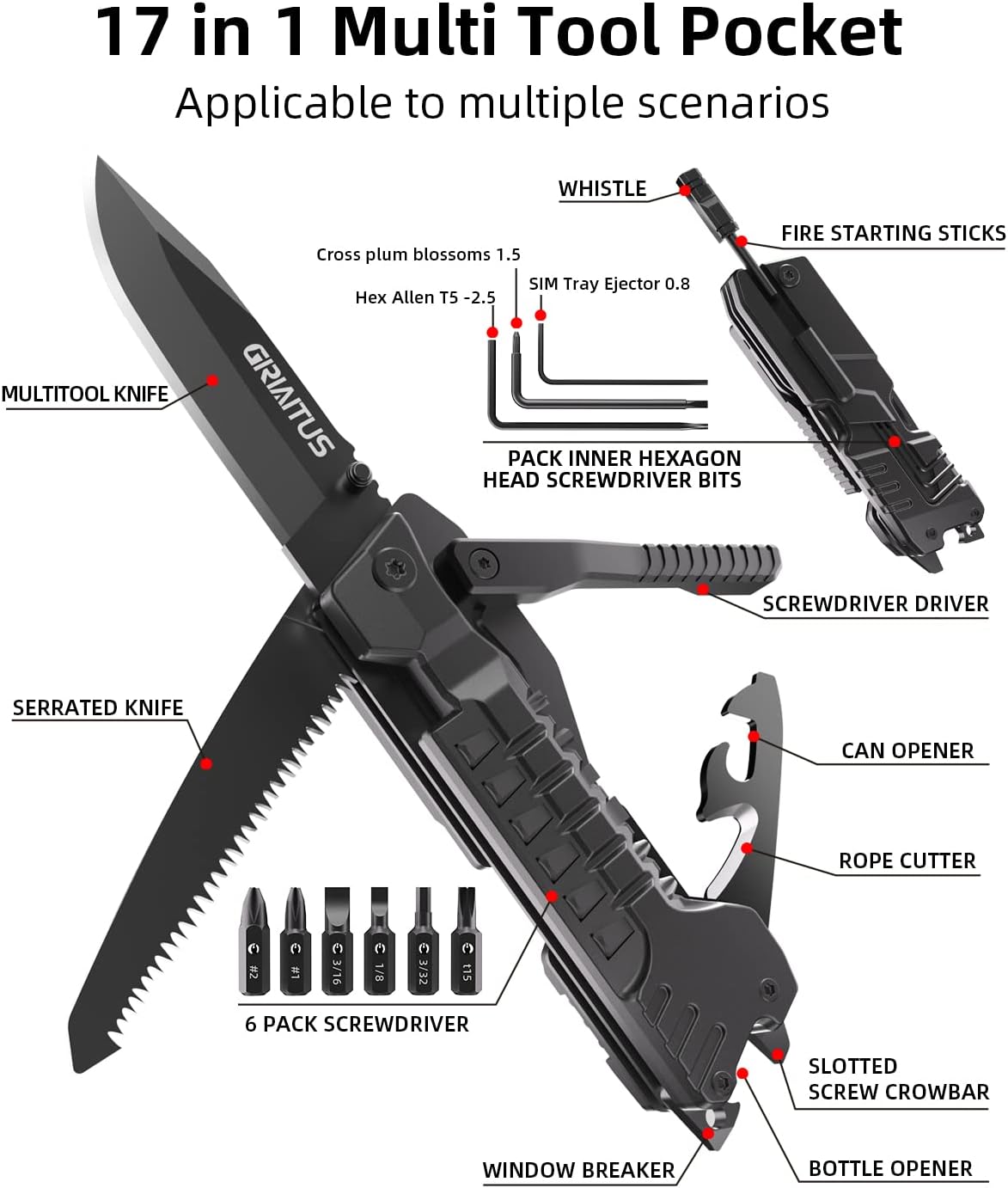 17 in 1 Multitool Knife Fire Starting Stick Bottle Opener Saw for Camping | Screwdrivers Whistle Window Breaker for Hiking, Outdoor, Survival and Everyday Use Gifts for Men Dad