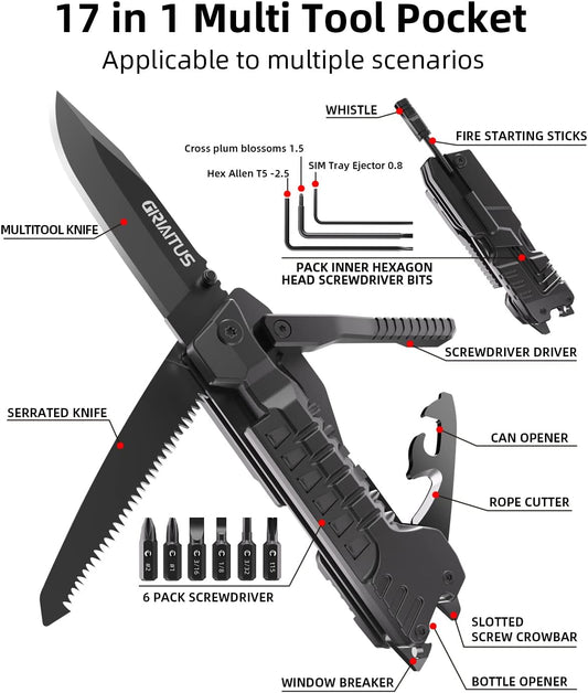 17 in 1 Multitool Knife Fire Starting Stick Bottle Opener Saw for Camping | Screwdrivers Whistle Window Breaker for Hiking, Outdoor, Survival and Everyday Use Gifts for Men Dad