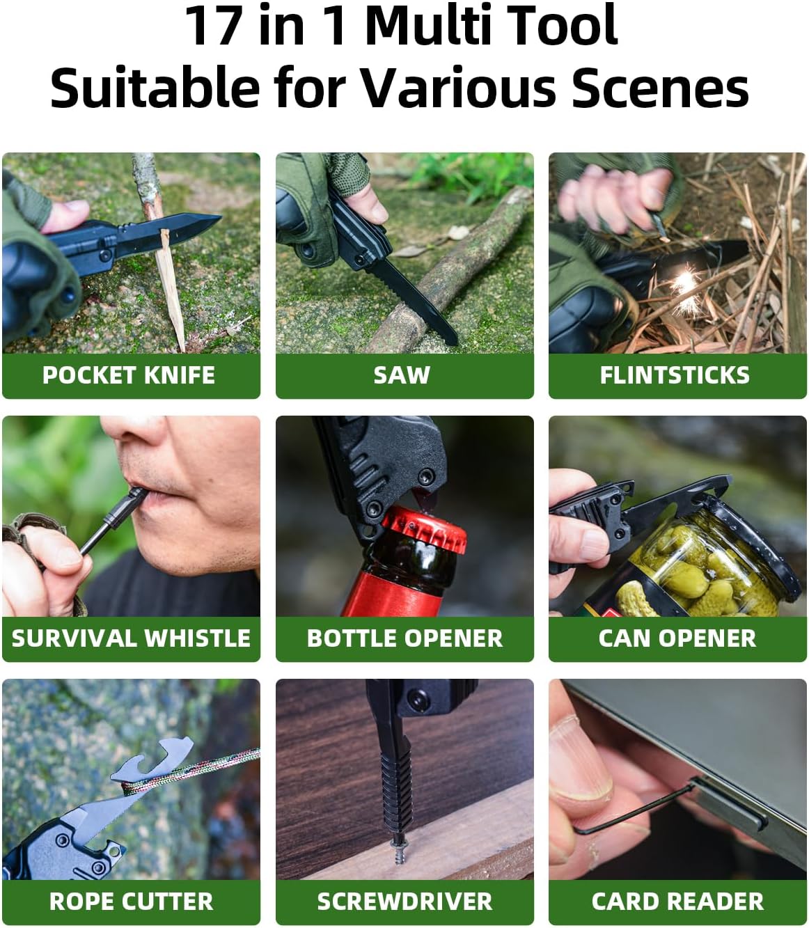 17 in 1 Multitool Knife Fire Starting Stick Bottle Opener Saw for Camping | Screwdrivers Whistle Window Breaker for Hiking, Outdoor, Survival and Everyday Use Gifts for Men Dad
