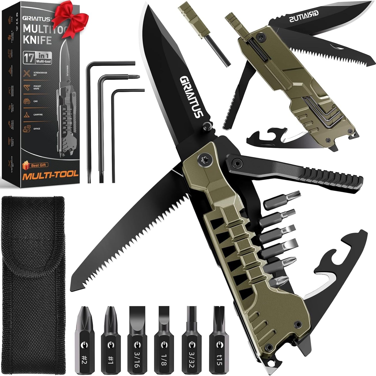 17 in 1 Multitool Knife Fire Starting Stick Bottle Opener Saw for Camping | Screwdrivers Whistle Window Breaker for Hiking, Outdoor, Survival and Everyday Use Gifts for Men Dad