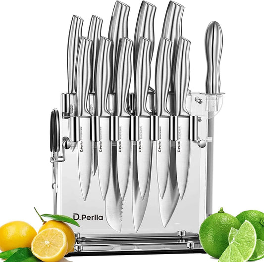Knife Set, 14 Pieces Kitchen Knife Set with Clear Acrylic Knife Holder, Stainless Steel Super Sharp Chef Knife with Hollow Handle in One Piece Design