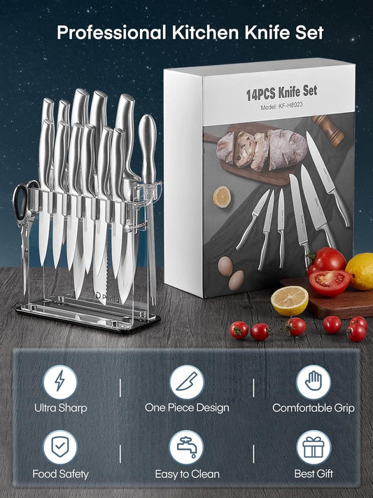 Knife Set, 14 Pieces Kitchen Knife Set with Clear Acrylic Knife Holder, Stainless Steel Super Sharp Chef Knife with Hollow Handle in One Piece Design