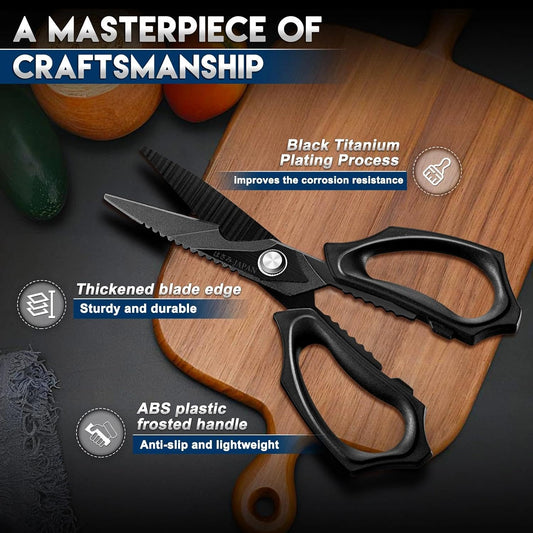 Kitchen Scissors for Food - Heavy Duty Kitchen Shear Black | Stainless Steel Blade, Oversized Handle, Gift Box, Dishwasher Safe, All Purpose, for Meat Cutting
