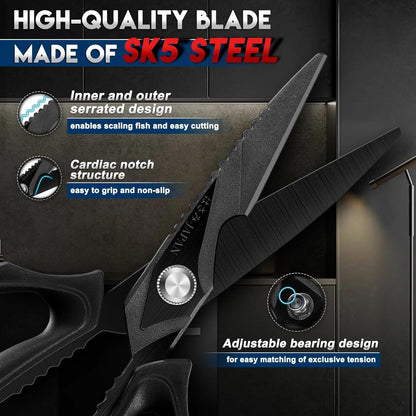Kitchen Scissors for Food - Heavy Duty Kitchen Shear Black | Stainless Steel Blade, Oversized Handle, Gift Box, Dishwasher Safe, All Purpose, for Meat Cutting