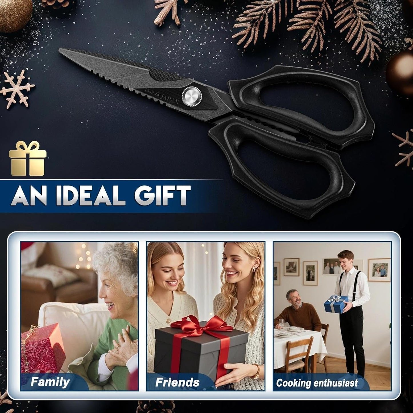 Kitchen Scissors for Food - Heavy Duty Kitchen Shear Black | Stainless Steel Blade, Oversized Handle, Gift Box, Dishwasher Safe, All Purpose, for Meat Cutting