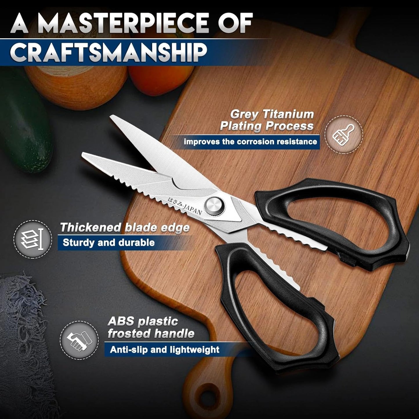 Kitchen Scissors for Food - Heavy Duty Kitchen Shear Black | Stainless Steel Blade, Oversized Handle, Gift Box, Dishwasher Safe, All Purpose, for Meat Cutting