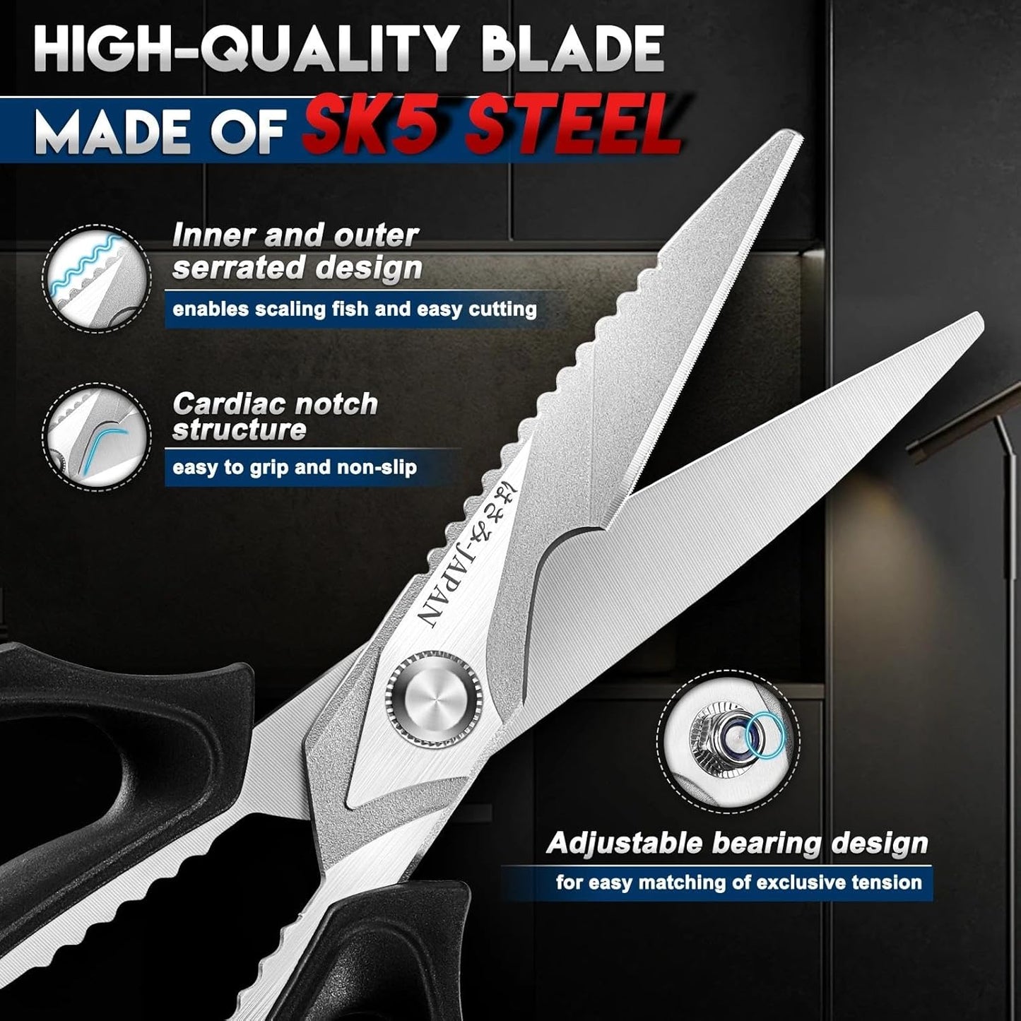 Kitchen Scissors for Food - Heavy Duty Kitchen Shear Black | Stainless Steel Blade, Oversized Handle, Gift Box, Dishwasher Safe, All Purpose, for Meat Cutting