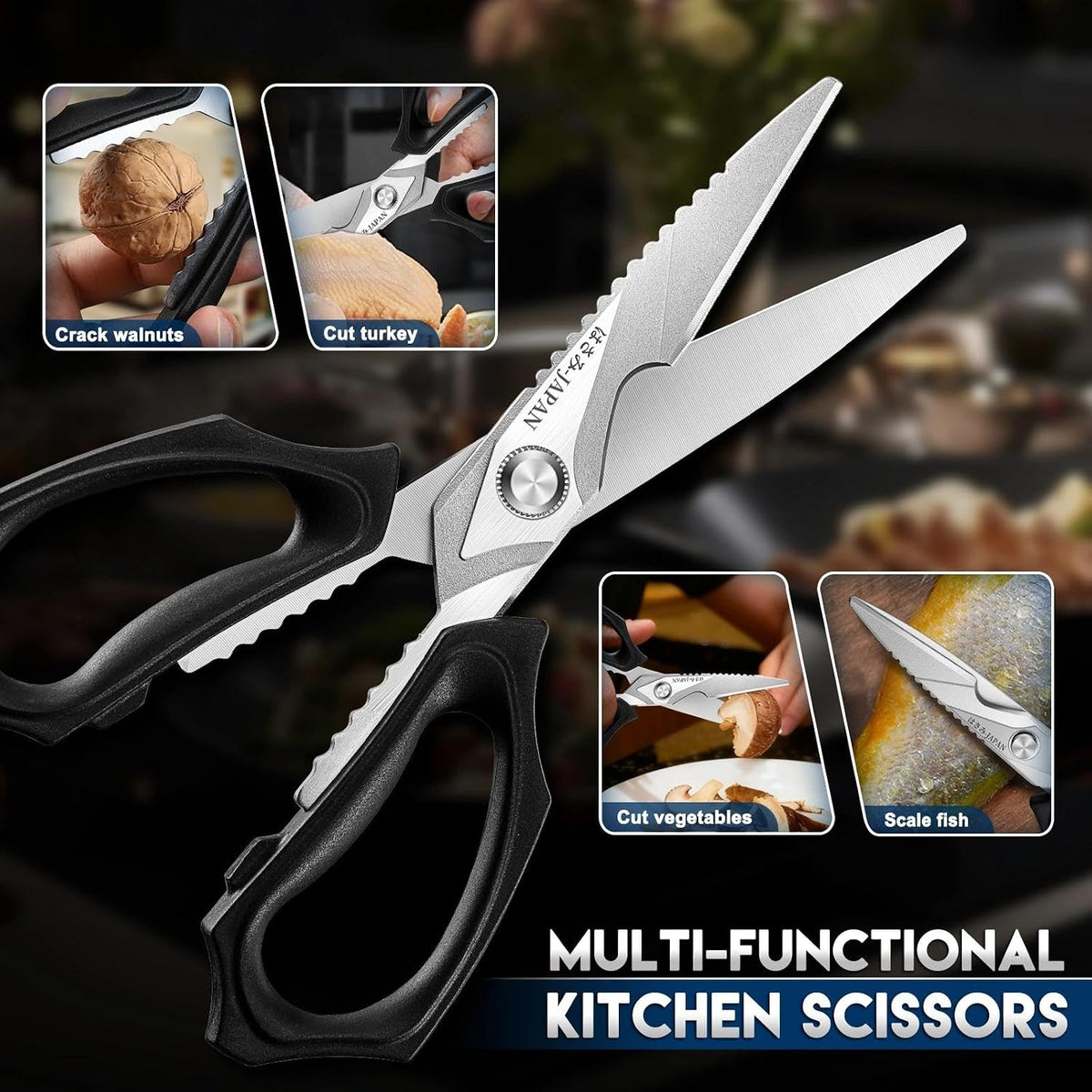 Kitchen Scissors for Food - Heavy Duty Kitchen Shear Black | Stainless Steel Blade, Oversized Handle, Gift Box, Dishwasher Safe, All Purpose, for Meat Cutting