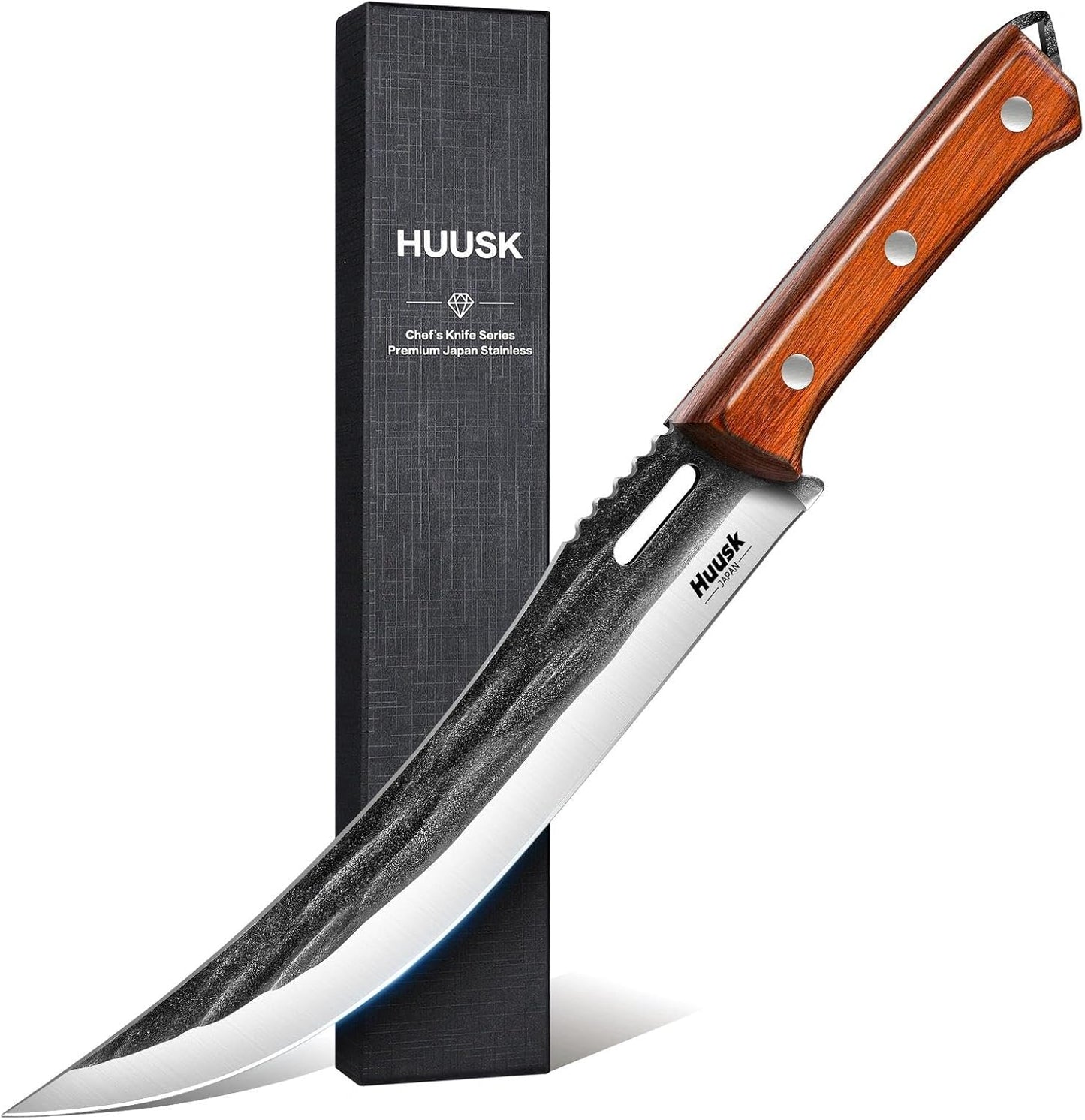 Huusk Japanese High Carbon Steel Carving Knife with Ergonomic Handle | Hand Forged Butcher Knives for Meat Cutting, Curved Brisket Slicing Knife with a Razor-Sharp Edge, Gift for Men and Women