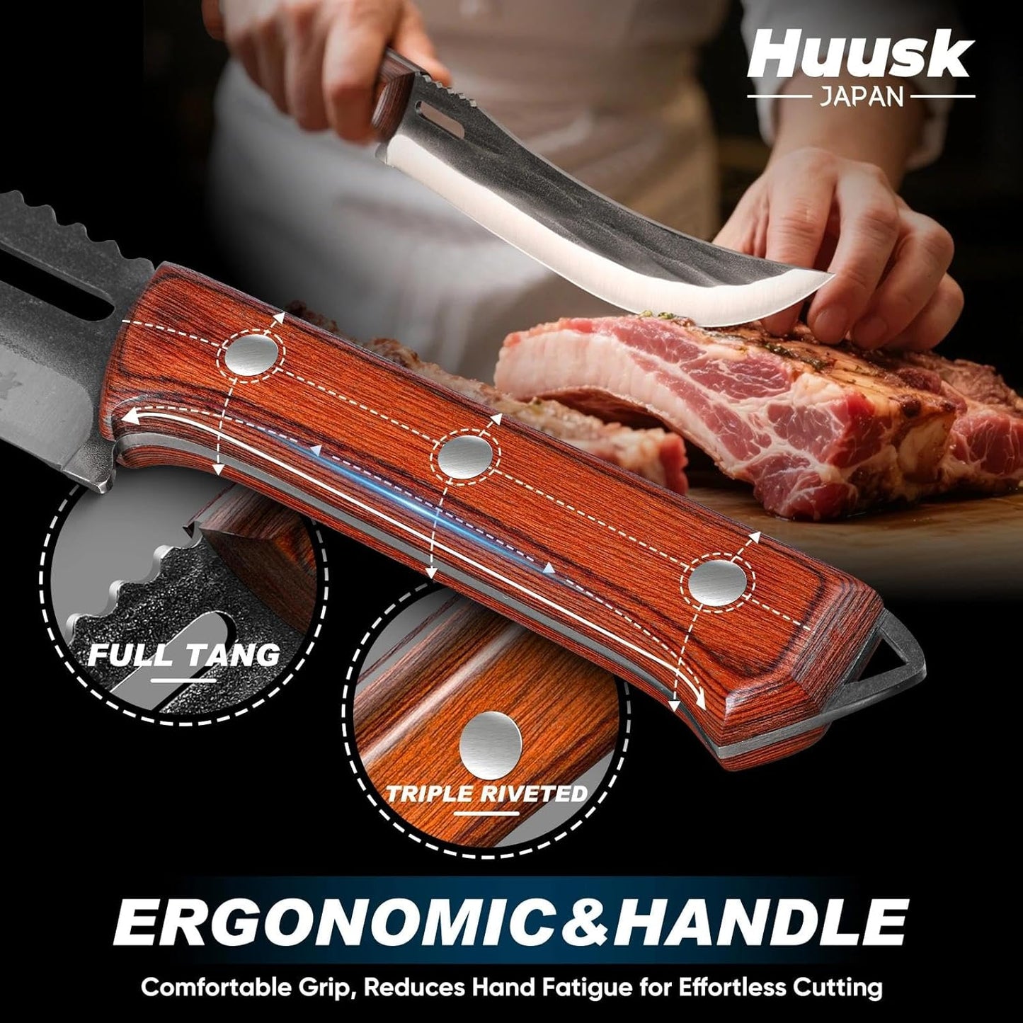 Huusk Japanese High Carbon Steel Carving Knife with Ergonomic Handle | Hand Forged Butcher Knives for Meat Cutting, Curved Brisket Slicing Knife with a Razor-Sharp Edge, Gift for Men and Women