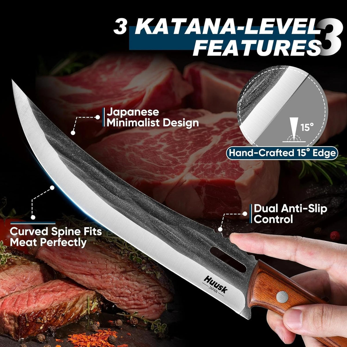Huusk Japanese High Carbon Steel Carving Knife with Ergonomic Handle | Hand Forged Butcher Knives for Meat Cutting, Curved Brisket Slicing Knife with a Razor-Sharp Edge, Gift for Men and Women