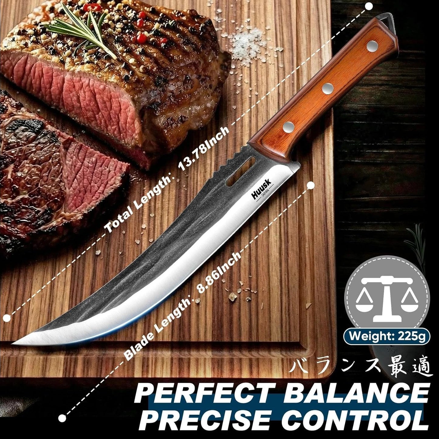 Huusk Japanese High Carbon Steel Carving Knife with Ergonomic Handle | Hand Forged Butcher Knives for Meat Cutting, Curved Brisket Slicing Knife with a Razor-Sharp Edge, Gift for Men and Women