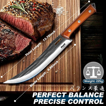 Huusk Japanese High Carbon Steel Carving Knife with Ergonomic Handle | Hand Forged Butcher Knives for Meat Cutting, Curved Brisket Slicing Knife with a Razor-Sharp Edge, Gift for Men and Women