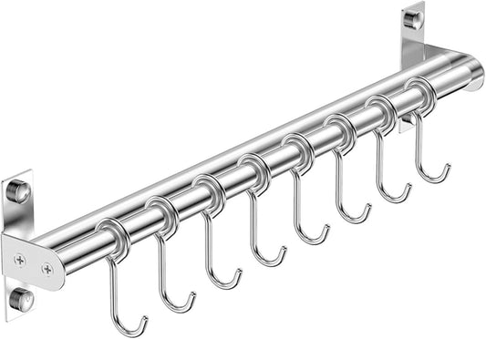 Utensil Hanging Rack Stainless Steel Rail Hanger Rod Wall Mounted Pot Pan Lid Holder Cookware Storage Organizer with Sliding Hooks for Kitchen Bathroom