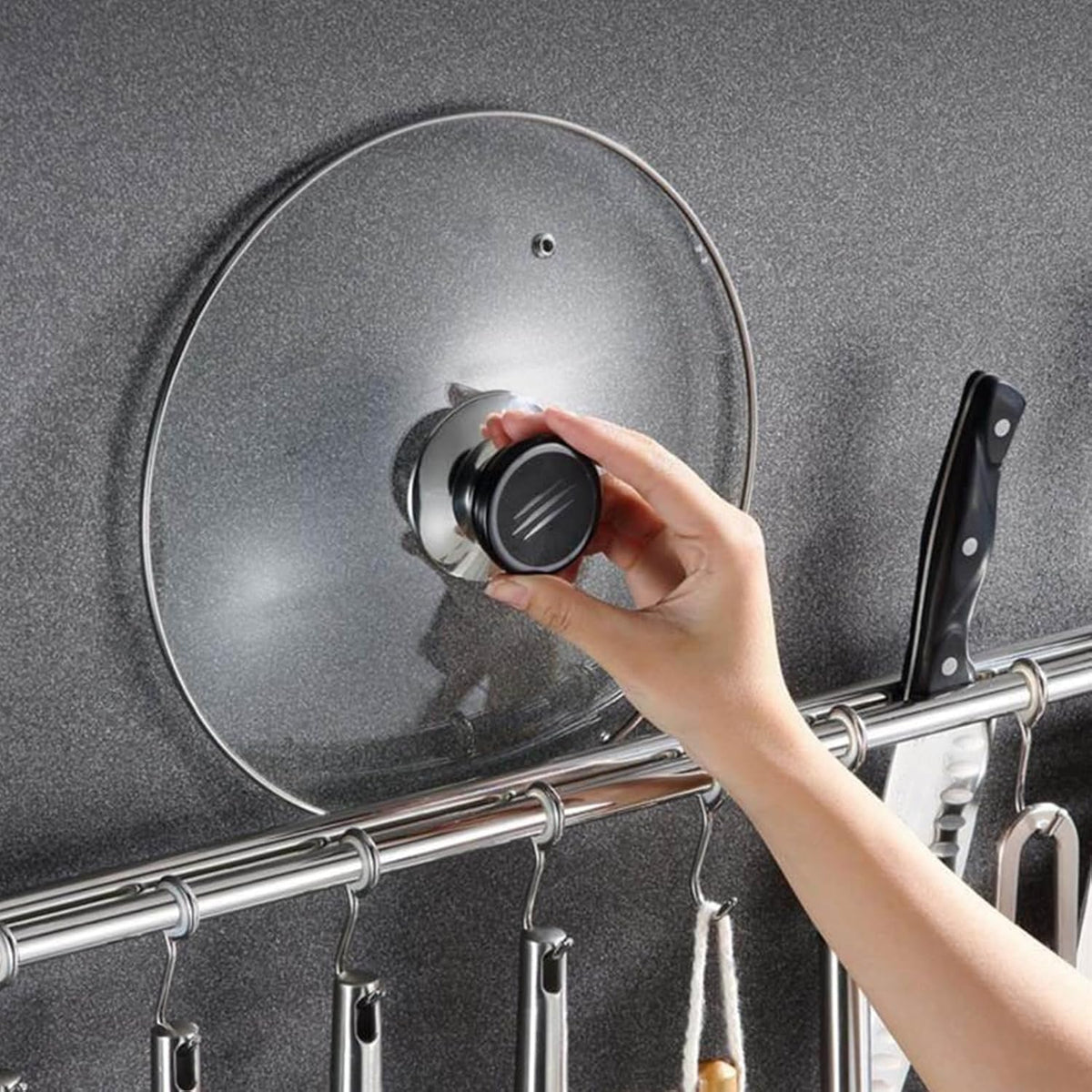 Utensil Hanging Rack Stainless Steel Rail Hanger Rod Wall Mounted Pot Pan Lid Holder Cookware Storage Organizer with Sliding Hooks for Kitchen Bathroom