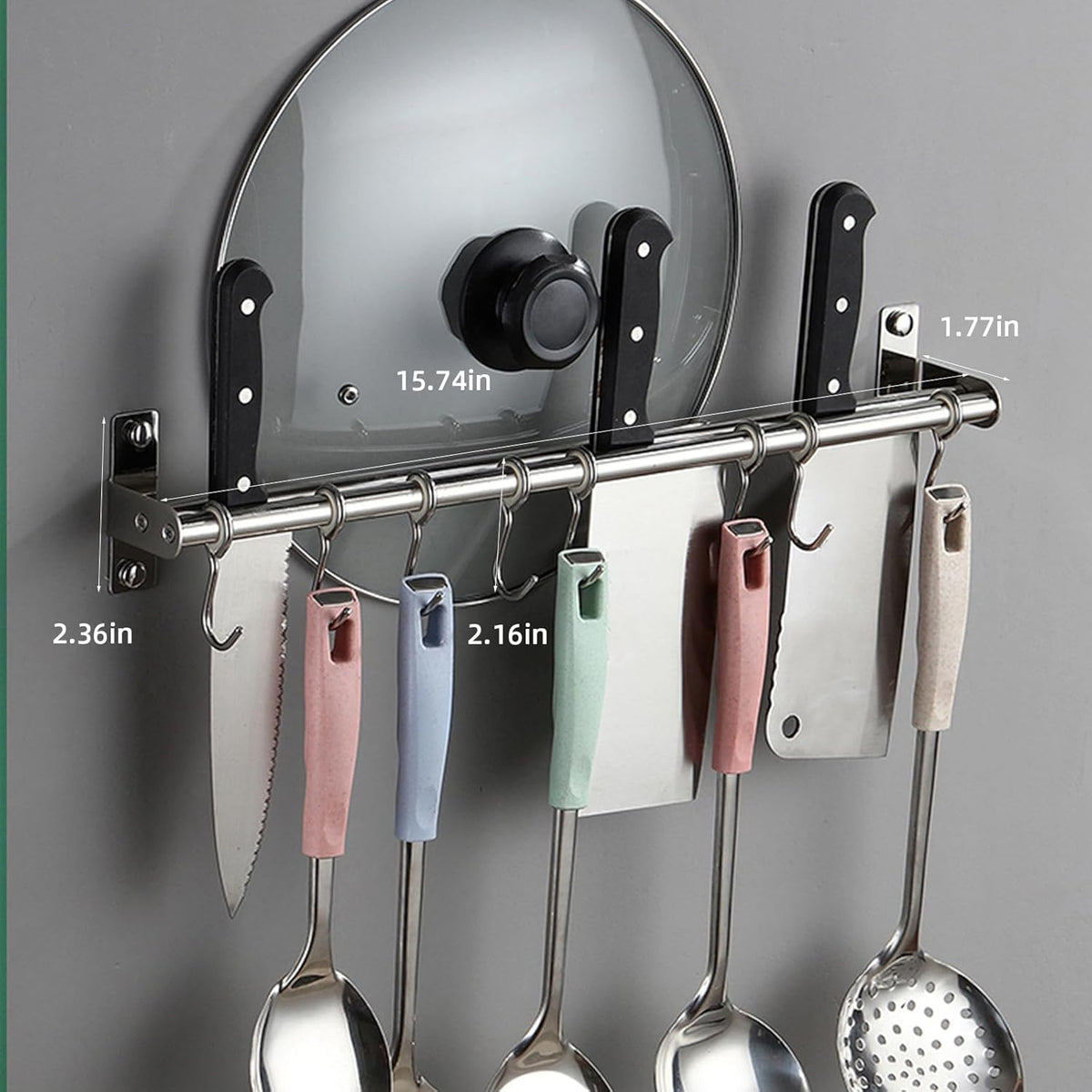 Utensil Hanging Rack Stainless Steel Rail Hanger Rod Wall Mounted Pot Pan Lid Holder Cookware Storage Organizer with Sliding Hooks for Kitchen Bathroom