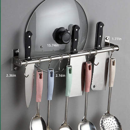 Utensil Hanging Rack Stainless Steel Rail Hanger Rod Wall Mounted Pot Pan Lid Holder Cookware Storage Organizer with Sliding Hooks for Kitchen Bathroom