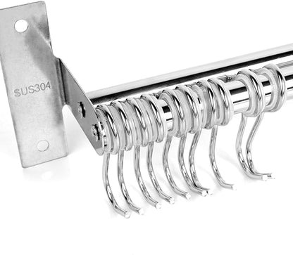 Utensil Hanging Rack Stainless Steel Rail Hanger Rod Wall Mounted Pot Pan Lid Holder Cookware Storage Organizer with Sliding Hooks for Kitchen Bathroom