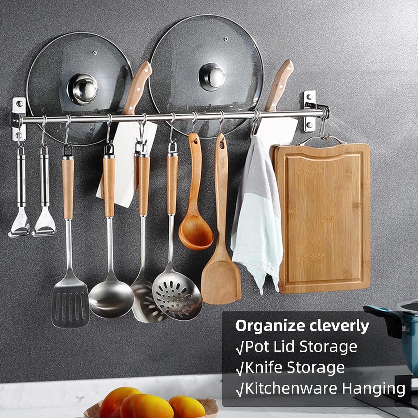 Utensil Hanging Rack Stainless Steel Rail Hanger Rod Wall Mounted Pot Pan Lid Holder Cookware Storage Organizer with Sliding Hooks for Kitchen Bathroom
