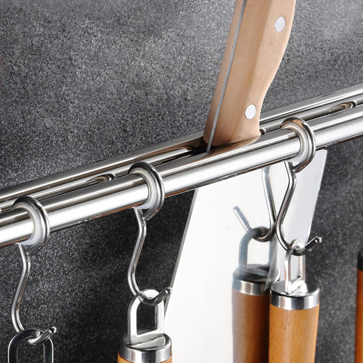 Utensil Hanging Rack Stainless Steel Rail Hanger Rod Wall Mounted Pot Pan Lid Holder Cookware Storage Organizer with Sliding Hooks for Kitchen Bathroom