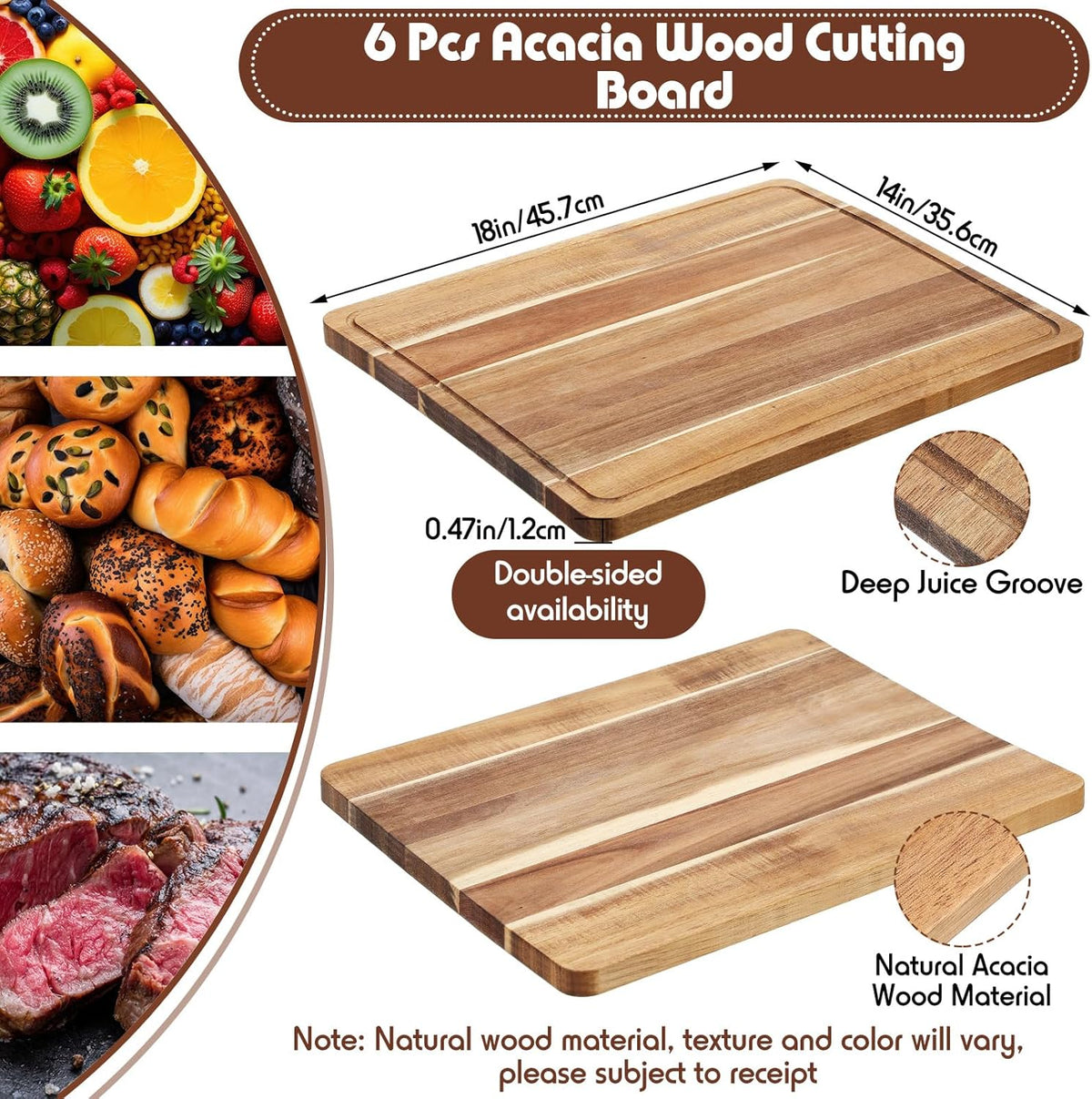 6 Pcs Acacia Wood Cutting Boards with Juice Grooves, 18 x 14 Inch