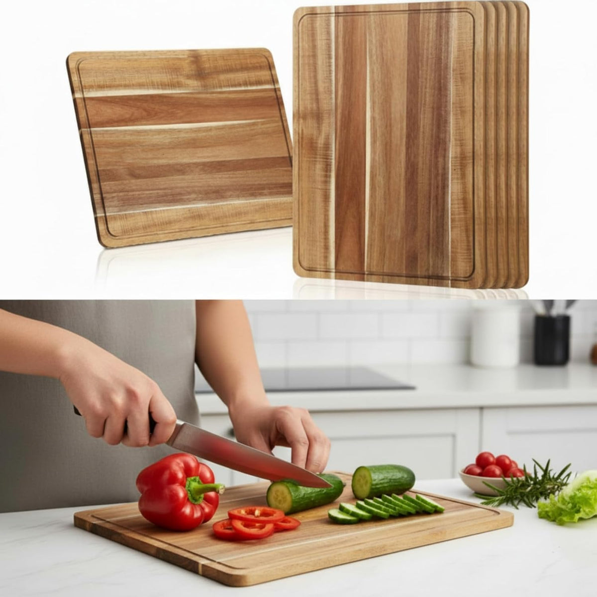 6 Pcs Acacia Wood Cutting Boards with Juice Grooves, 18 x 14 Inch