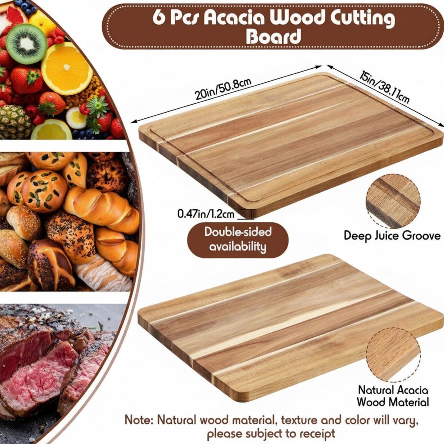 6 Pcs Acacia Wood Cutting Boards with Juice Grooves, 18 x 14 Inch