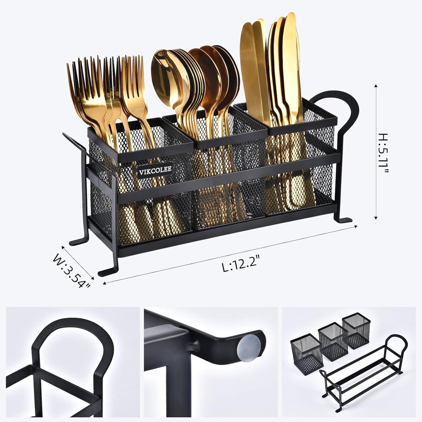 Kitchen Utensil Holder, Silverware Organizer Holder, Compact Metal Organizer for Flatware, Spoons, Forks, and Knives - 3 Separate Compartments Perfect for Kitchen Countertop- Black
