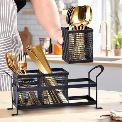 Kitchen Utensil Holder, Silverware Organizer Holder, Compact Metal Organizer for Flatware, Spoons, Forks, and Knives - 3 Separate Compartments Perfect for Kitchen Countertop- Black