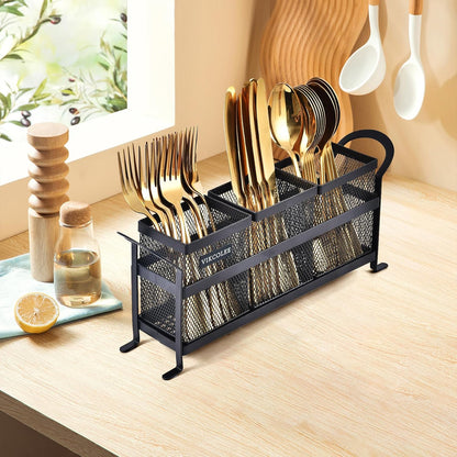Kitchen Utensil Holder, Silverware Organizer Holder, Compact Metal Organizer for Flatware, Spoons, Forks, and Knives - 3 Separate Compartments Perfect for Kitchen Countertop- Black