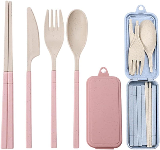 Collapsible Reusable Utensils Set with Portable Case,Wheat Straw Utensils Include Spoon Knife Forks Chopsticks,Portable Cutlery for Travel Picnic Camping,2 Pieces