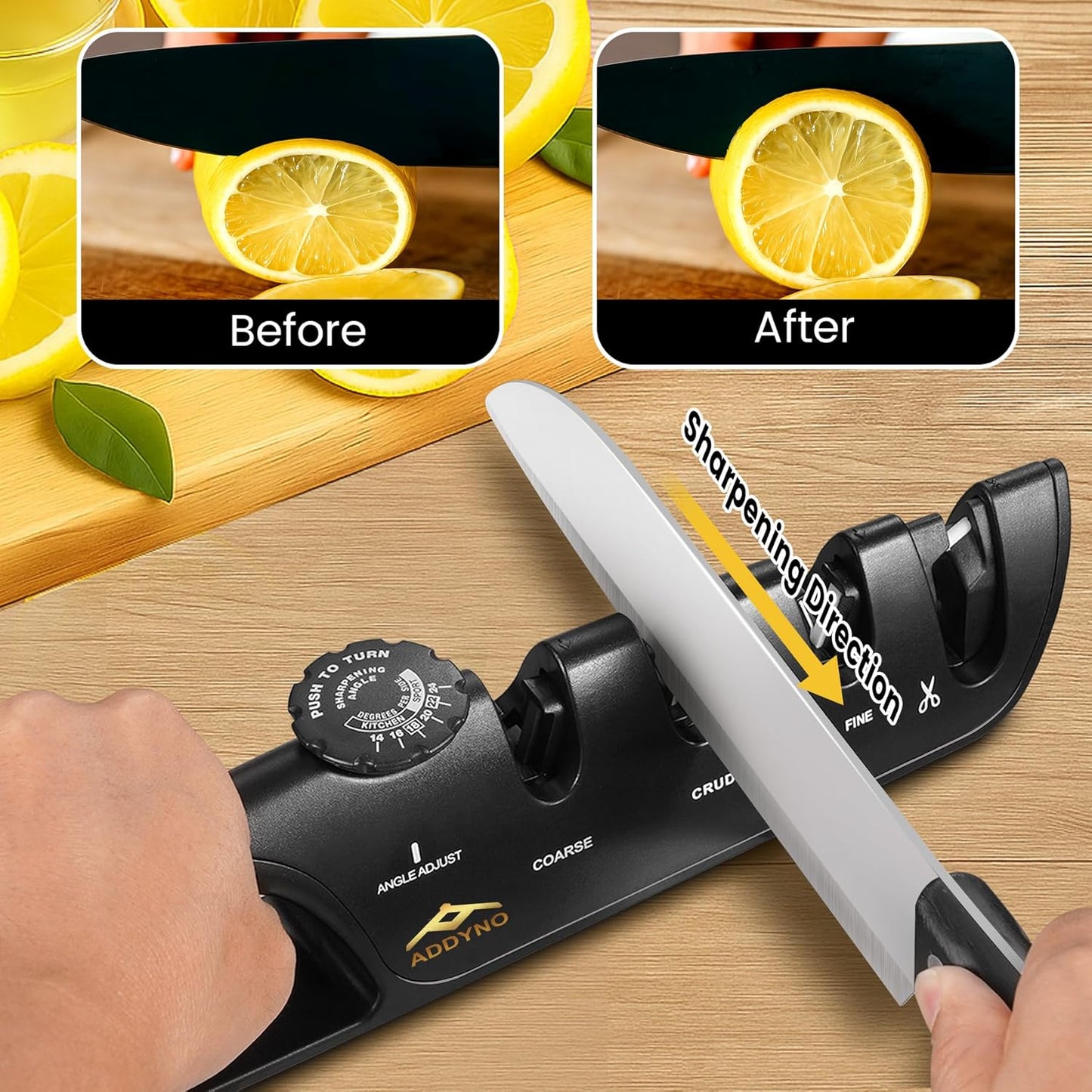 Knife Sharpener, Adjustable Angle 4-in-1 Kitchen Knife Sharpener, 3-Stage Coarse Sharpen Fine with Scissors Slot, Non-Slip Base Ergonomic Handle for Household Knives and Scissors