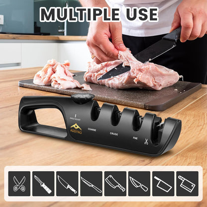 Knife Sharpener, Adjustable Angle 4-in-1 Kitchen Knife Sharpener, 3-Stage Coarse Sharpen Fine with Scissors Slot, Non-Slip Base Ergonomic Handle for Household Knives and Scissors