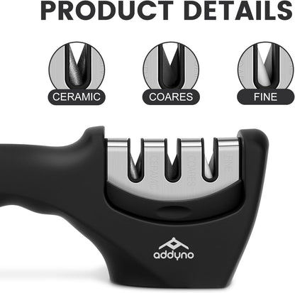 Knife Sharpener, Adjustable Angle 4-in-1 Kitchen Knife Sharpener, 3-Stage Coarse Sharpen Fine with Scissors Slot, Non-Slip Base Ergonomic Handle for Household Knives and Scissors