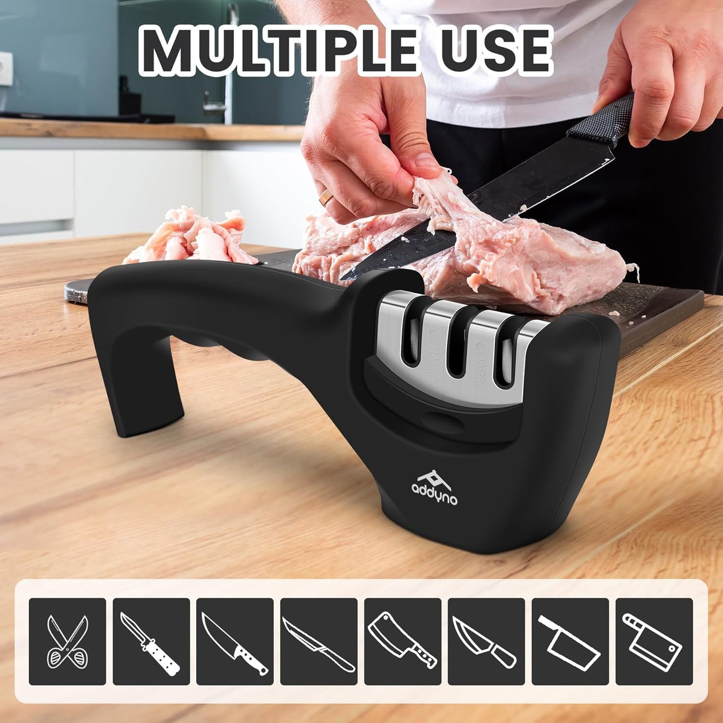 Knife Sharpener, Adjustable Angle 4-in-1 Kitchen Knife Sharpener, 3-Stage Coarse Sharpen Fine with Scissors Slot, Non-Slip Base Ergonomic Handle for Household Knives and Scissors