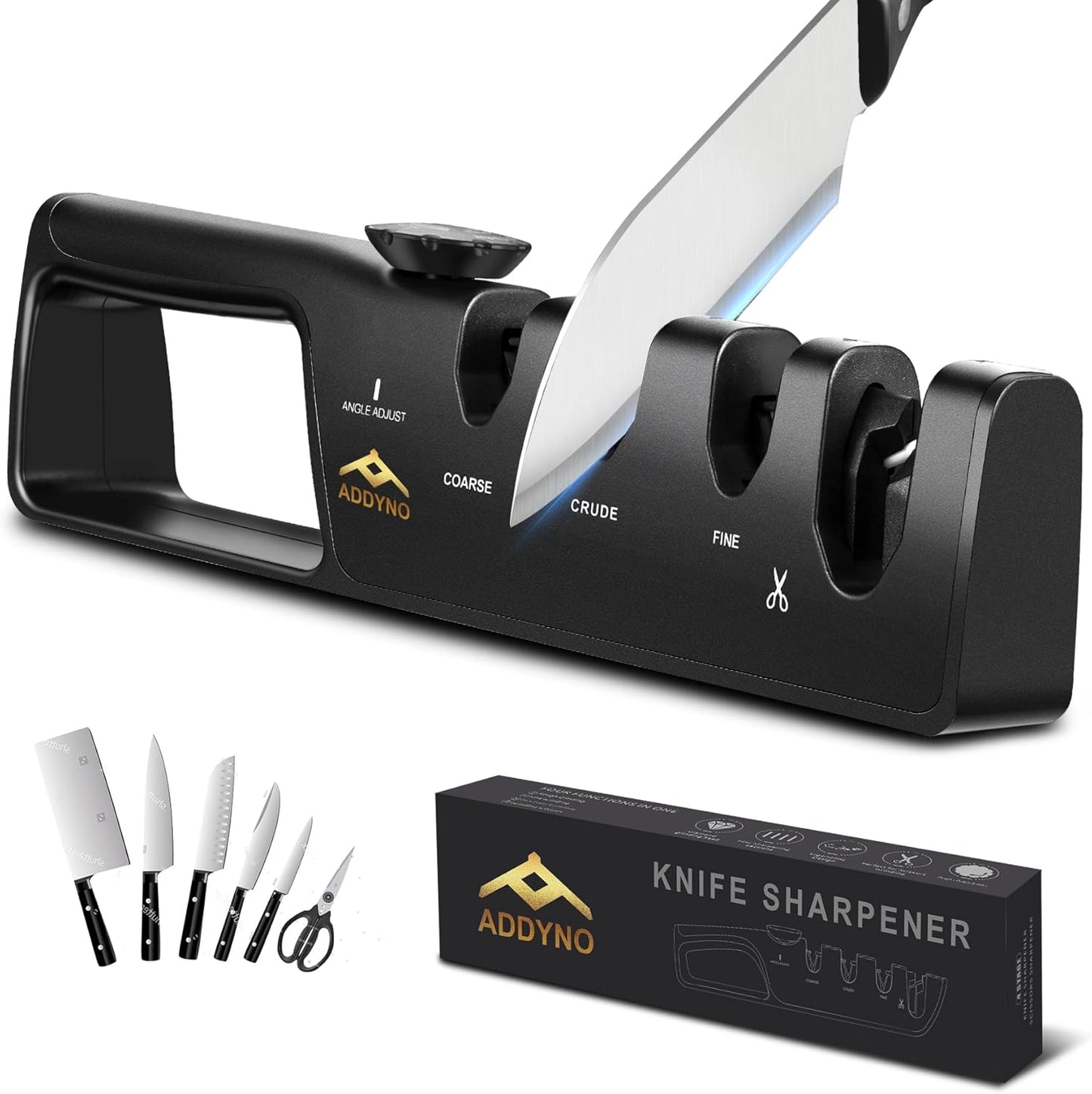 Knife Sharpener, Adjustable Angle 4-in-1 Kitchen Knife Sharpener, 3-Stage Coarse Sharpen Fine with Scissors Slot, Non-Slip Base Ergonomic Handle for Household Knives and Scissors