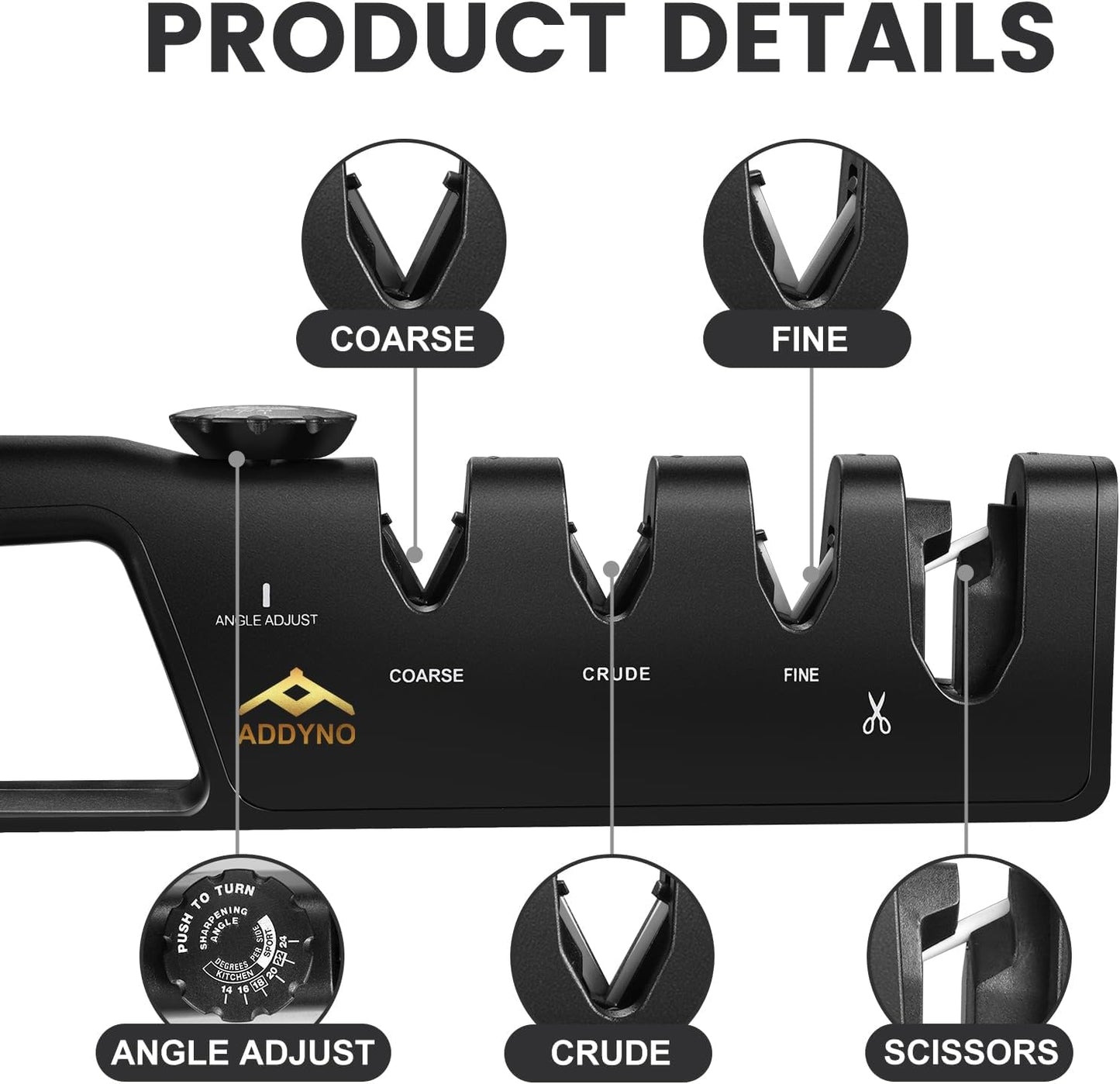 Knife Sharpener, Adjustable Angle 4-in-1 Kitchen Knife Sharpener, 3-Stage Coarse Sharpen Fine with Scissors Slot, Non-Slip Base Ergonomic Handle for Household Knives and Scissors